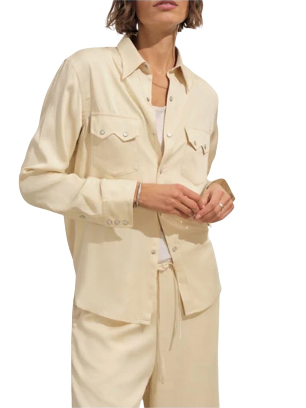 BUCK MASON Duskdream Satin Pearl Snap Western Shirt Womens Medium Oyster Cream